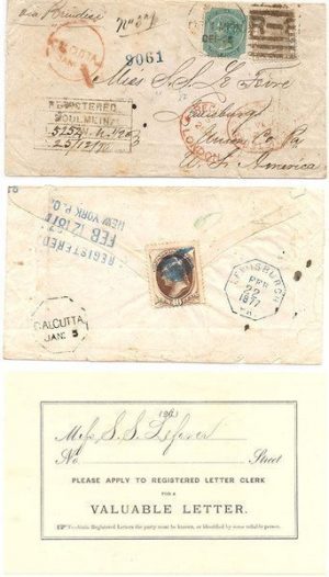 Burma - United States 1876 Incoming from Moulmein Burma REG Env > US via Brindisi Bearing 6as, 4as Indian Adhesives & 10