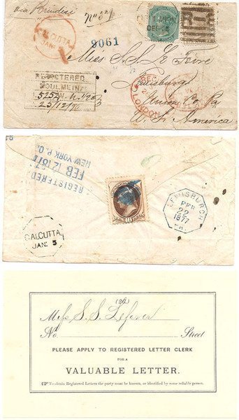 Burma - United States 1876 Incoming from Moulmein Burma REG Env > US via Brindisi Bearing 6as, 4as Indian Adhesives & 10