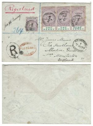 Sierra Leone 1897 Freetown Env REG > Manchester, England via Liverpool Bearing Strp 3 1d Postal Fiscal SG54 & 1