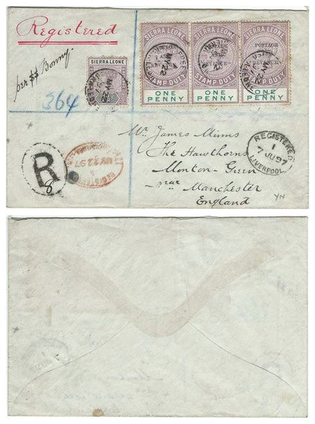 Sierra Leone 1897 Freetown Env REG > Manchester, England via Liverpool Bearing Strp 3 1d Postal Fiscal SG54 & 1