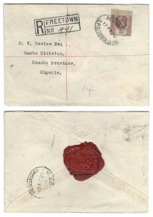 Sierra Leone 1932 Freetown Env REG > Nigeria Bearing Single 5d KGV Adhesive SG 138 Tied by Oval REG Date-stamp  Proud Type R13; VERY FINE & SCARCE