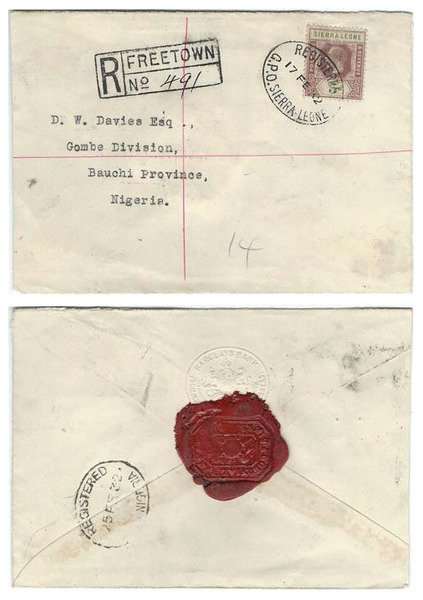 Sierra Leone 1932 Freetown Env REG > Nigeria Bearing Single 5d KGV Adhesive SG 138 Tied by Oval REG Date-stamp Proud Type R13; VERY FINE & SCARCE
