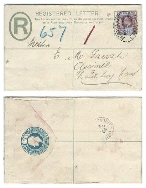 Sierra Leone 1904 Freetown REG PSE H&G C2a Size G > Assinil, Fr Ivory Coast Bearing 2