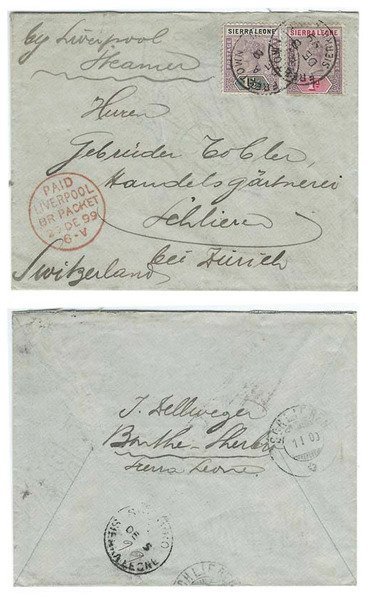 Sierra Leone 1899 Sherbro Env > Switzerland via Freetown & Liverpool Bearing 1