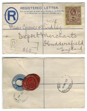 Sierra Leone 1922 Kenema 2d REG PSE H&G C3 Size F > England  Bearing 3d KGV adhesive Includes 1d for LATE FEE; SCARCE & FINE