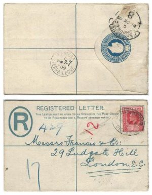 Sierra Leone 1909 Kambia 2d REG PSE H&G C2 Size F > London Bearing 1d KEVII Adhesive w/ Proud Type D3 on Reverse; VERY SCARCE & FINE
