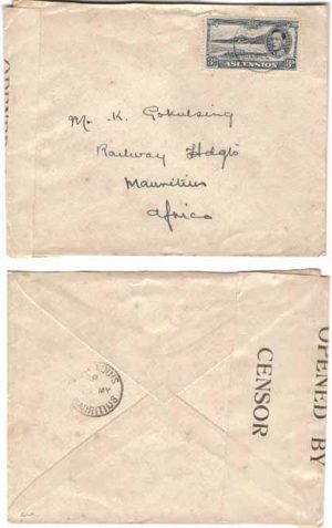 Ascension 1941 Censored to Mauritius w/3d Very Scarce Destination