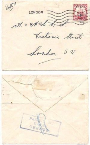 Cameroon 1916 Env Censored > London franked 1d on 10pfg SG B3 Cancelled on Arrival by London Machine Cancel with framed "PASSED BY / NAVAL / CENSOR" in Blue on Reverse; RARE