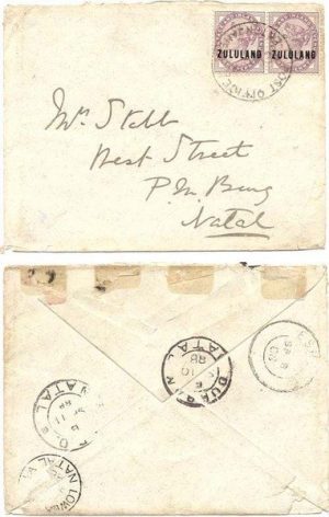 Zululand 1888 Entonjaneni Env > Pietermaritzburg Bearing Pair 1d Lilacs Ovpted SG2; VERY RARE