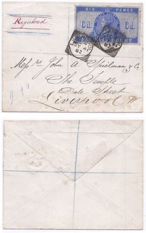 Great Britain 1882 Liverpool Env REG Locally Sent Bearing 6d Fiscal Probate Court Adhesive Tied by Sq Circle Date-stamps; RARE & FINE