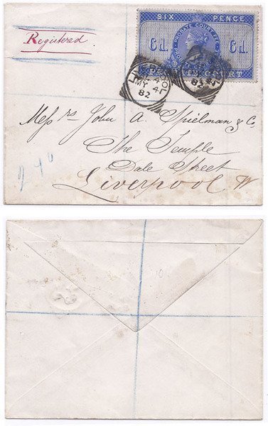 Great Britain 1882 Liverpool Env REG Locally Sent Bearing 6d Fiscal Probate Court Adhesive Tied by Sq Circle Date-stamps; RARE & FINE