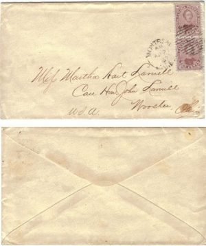 Canada 1867 Montreal Double Rate Envelope to Wooster Ohio Franked with 10d Bright Reddish Purple Pair SG38 - RARE