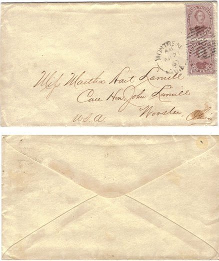 Canada 1867 Montreal Double Rate Envelope to Wooster Ohio Franked with 10d Bright Reddish Purple Pair SG38 - RARE