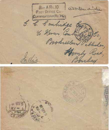 Aden 1918 Base Office Aden Twice Censored @ Aden > Bombay OAS