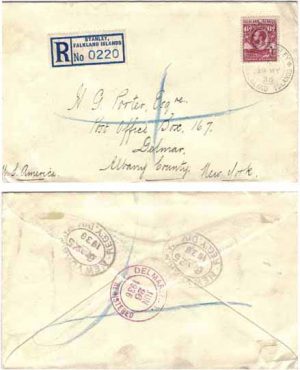 Falkland Islands 1936 Port Stanley REG > US Bearing 6d KGV Reddish Purple SG 121a