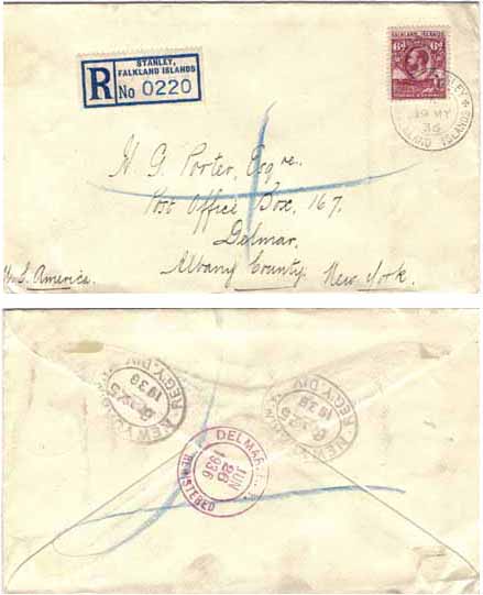 Falkland Islands 1936 Port Stanley REG > US Bearing 6d KGV Reddish Purple SG 121a