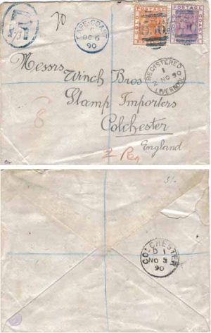 Gold Coast 1890 Cape Coast REG > England Bearing 6d, 4d VF+