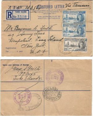 Turks & Caicos 1950 Grand Turk REG Airmail > US Using Formula REG PSE Uprated 8d Victory Issues RARE