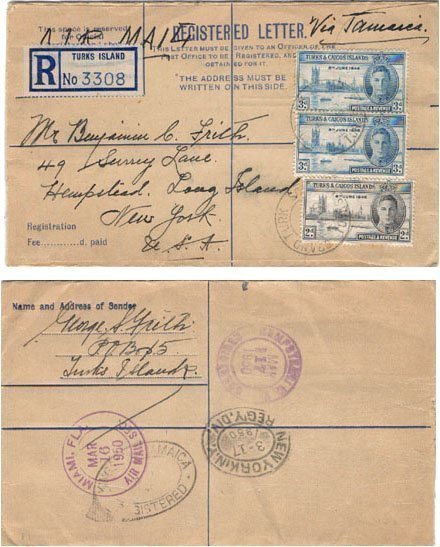 Turks & Caicos 1950 Grand Turk REG Airmail > US Using Formula REG PSE Uprated 8d Victory Issues RARE