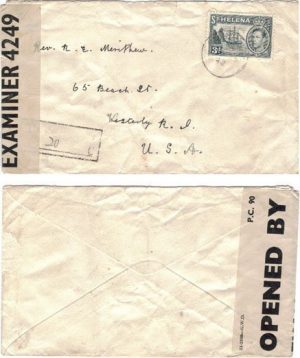 St Helena 1942 St Helena Censored > US Bearing 3d KGVI Short-paid & Charged 20