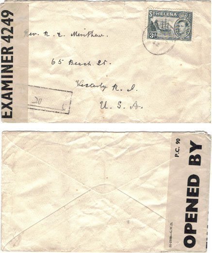 St Helena 1942 St Helena Censored > US Bearing 3d KGVI Short-paid & Charged 20