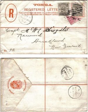 Tonga 1893 Haapai REG PSE H&G C4 > New Zealand bearing 2d(2) SG11 & bisected 1d SG 10