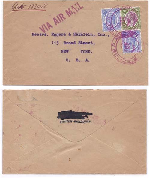 British Honduras 1932 Belize Env Airmail > US Displaying SCARCE "P.A.A. OFFICE / BELIZE" Cancellation Franked 20