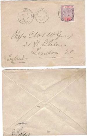 St Vincent 1901 Canouan Env > London franked 1d RARE ex Jaffe