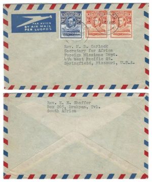 Basutoland 1953 Maseru Env Airmail > US Bearing 1/- Pair & Single 3d KGVI Adhesives Tied w/ Dbl Circle Date-stamp SG 25, 22; VERY FINE