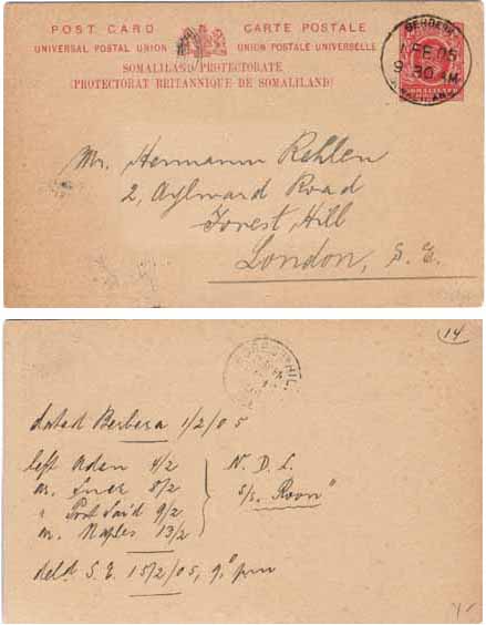 Somaliland British 1905 Berbera 1anna PC H&G1 Commercially > England, VERY SCARCE