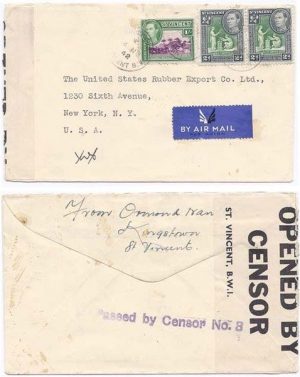 St Vincent 1942 Kingstown Env Censored Airmail > US Bearing 1/- 4d KGVI; Censor #8 Miller Type L3