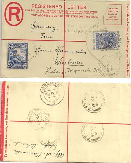 Grenada 1939 G.P.O. 3d REG PSE H&G C10a > Germany Uprated 2