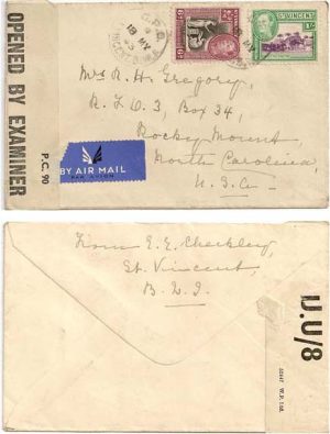 St Vincent 1943 GPO Censored Airmail > US Bearing 1/- 6d KGVI