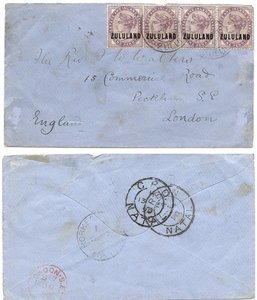 Zululand 1890 Rorkes Drift Env > London Bearing 1d Strip 4 SG2 Dbl Circle Cancel Rated at 3000 Points; RARE