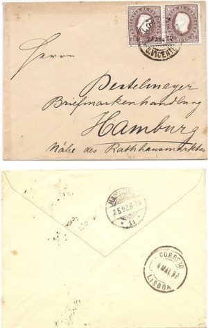 Cape Verde 1892 San Vicente Env > Germany Bearing 40r Pair King Luiz Issue Sc19a Perf 13