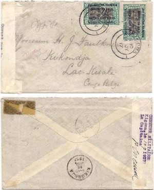 Belgian Congo 1917 Incoming Env > Kikondja at Lake Kisali Censored Bearing Ovpt Belg Congo Adhesives Ovpt Occ German East Africa Two 15c Adhesives Sc N19; VERY RARE Censor Tape