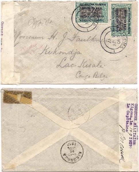 Belgian Congo 1917 Incoming Env > Kikondja at Lake Kisali Censored Bearing Ovpt Belg Congo Adhesives Ovpt Occ German East Africa Two 15c Adhesives Sc N19; VERY RARE Censor Tape