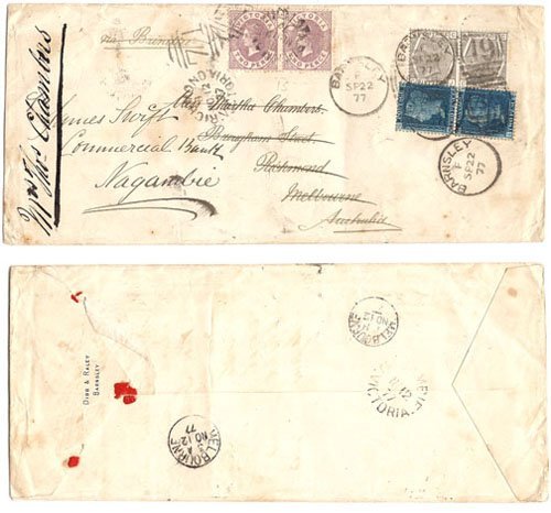 Australia Victoria 1877 Incoming Env ex England Bearing 6d, 2d Pairs > Melbourne Redirected Bearing 2d Victoria Pair SG178; VERY SCARCE