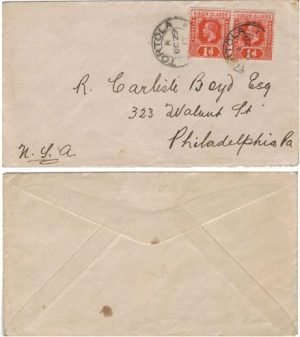 Virgin Islands 1917 Tortola > US franked Pair 1d SG 70b