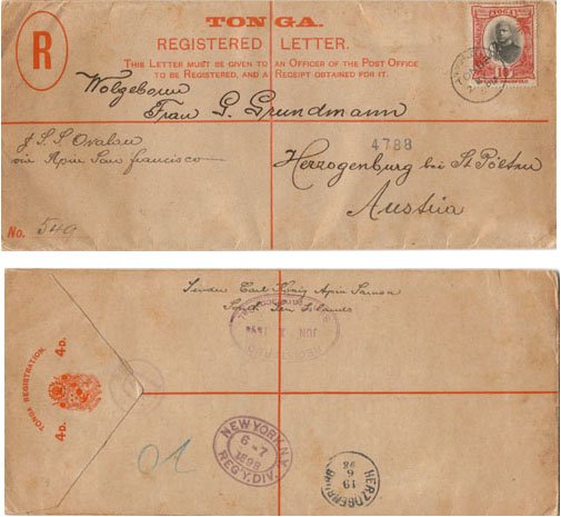 Tonga 1898 Nukualofa REG PSE H&G C8 >Austria Bearing 10d SG 49 RARE