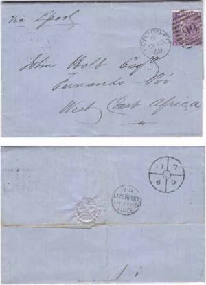 Great Britain 1869 London Folded Ltr > Fernando Poo Bearing 6d Dull Violet SG108 RARE