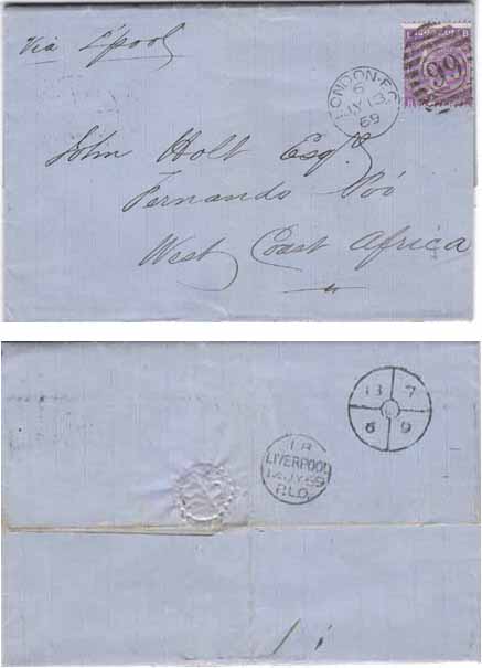 Great Britain 1869 London Folded Ltr > Fernando Poo Bearing 6d Dull Violet SG108 RARE