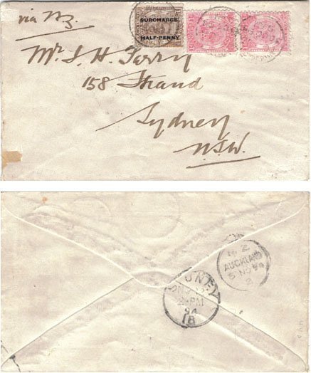 Tonga 1894 Nukualofa Single Ltr Rate > Sydney Bearing 1d Pair,