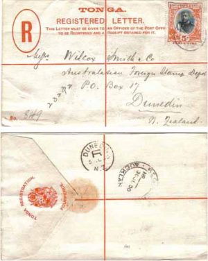 Tonga 1900 Nukualofa REG PSE H&G C6 Uprated > Dunedin New Zealand Uprated 5d SG46