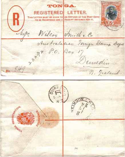 Tonga 1900 Nukualofa REG PSE H&G C6 Uprated > Dunedin New Zealand Uprated 5d SG46