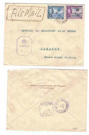 Gambia 1944 Bathurst Censored Air > Conakry Fr Guinee
