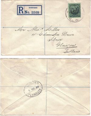Barbados 1925 Registration Letter Office REG > Scotland w 1/- SG226 Cats