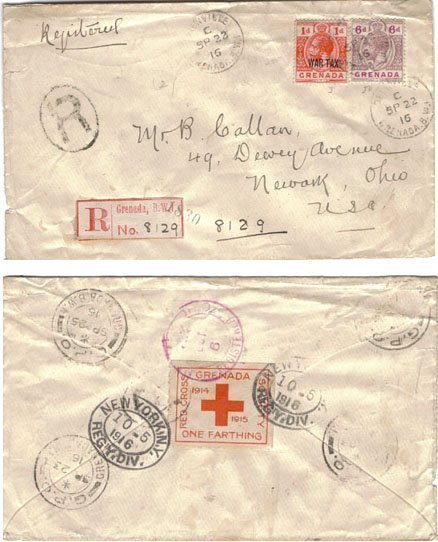 Grenada 1916 Grenville REG > US Bearing 6d, 1d War Tax &
