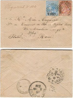 Mauritius 1888 Chemin Grenier Registered > Rome w/ SG85 + 109