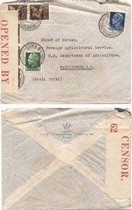 Bermuda 1940 Incoming ex Italy Censored @ Bermuda with PC102 Tape#62 > US; RARE only 1 #62 Recorded